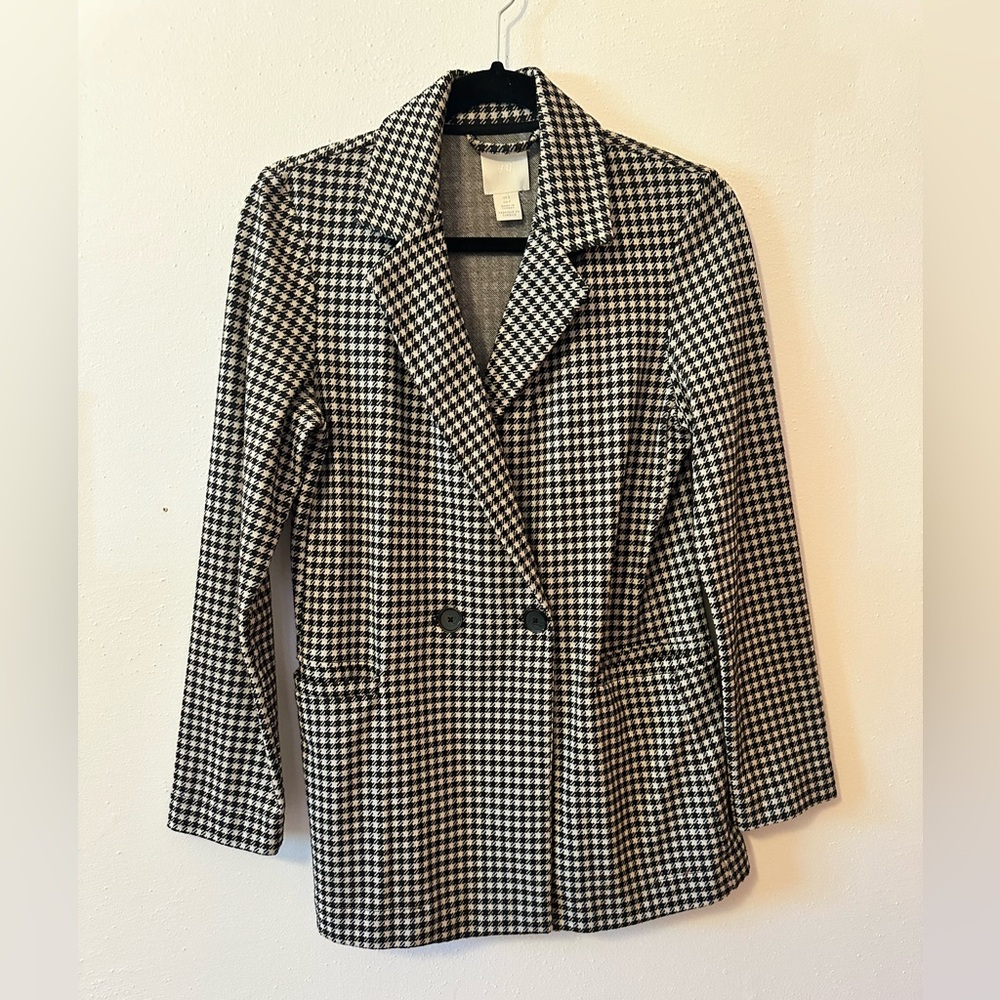 H&M Women’s Houndstooth Long Blazer Coat Long Sleeve With Pockets